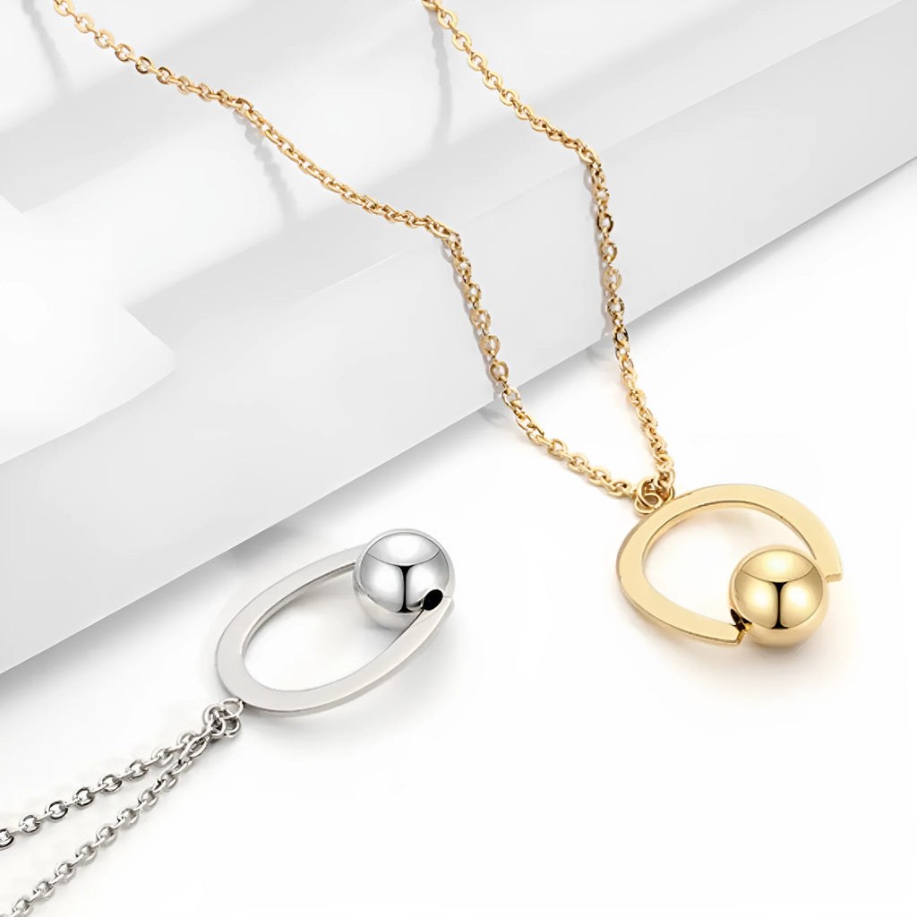 Stainless steel bead chain necklace with geometric pendant on cross chain, gold or silver electroplated finish