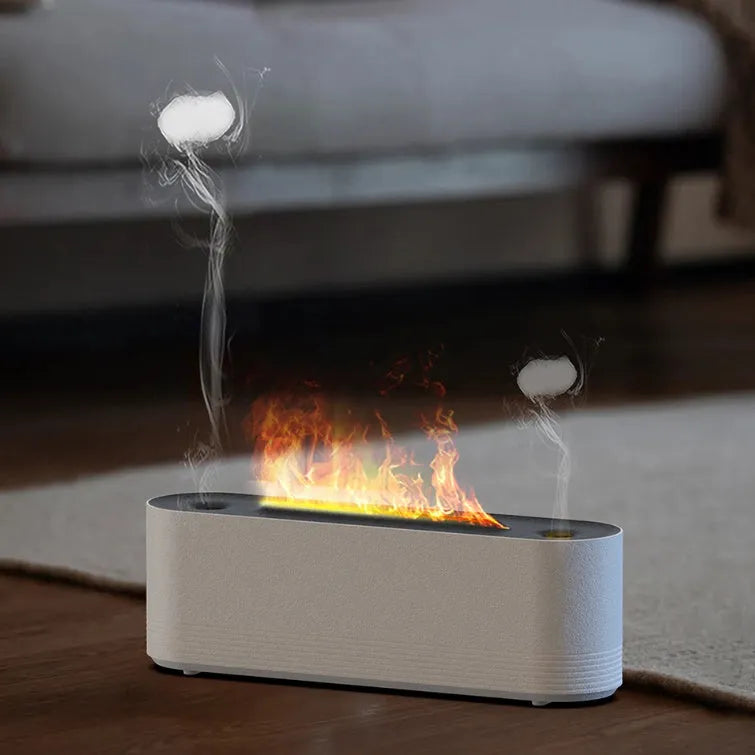Black Flame Air ultrasonic humidifier diffuser with coloured LED lights on a wooden table