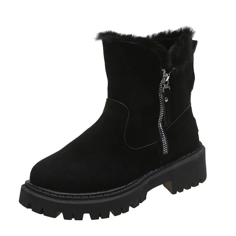 Women's black thick plush snow boots with faux suede upper, side zip, and non-slip rubber sole.