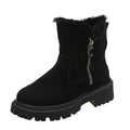 Women's black thick plush snow boots with faux suede upper, side zip, and non-slip rubber sole.