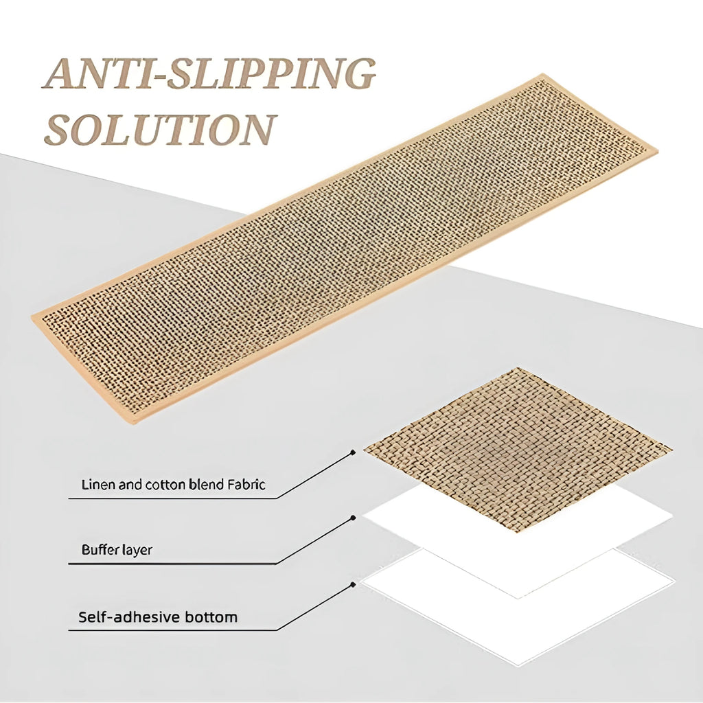 Japanese-style linen-look rectangular stair mat in camel colour with rubber bottom.