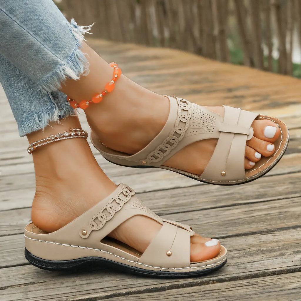 Roman-style slope heel slippers in a chosen colour, showing fish mouth toe design and rubber sole.