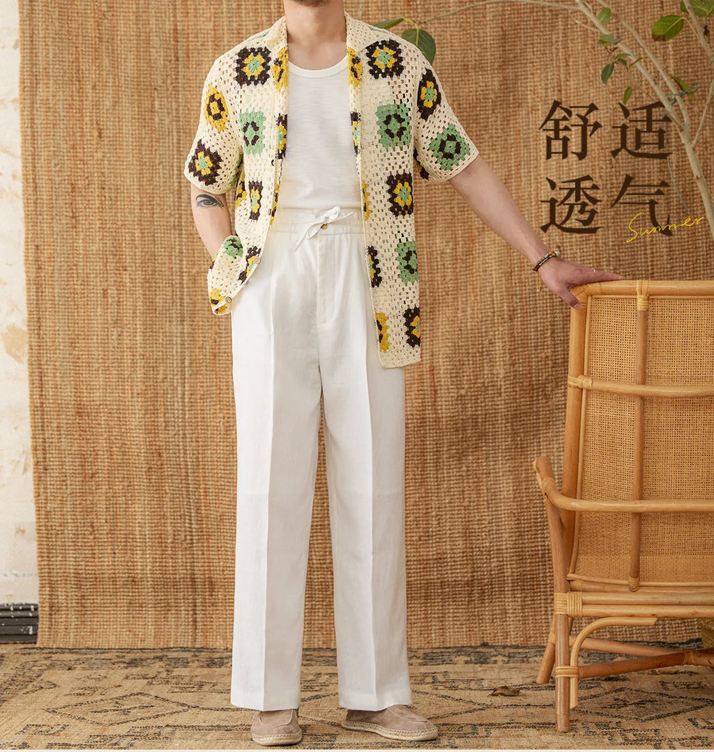 Women's linen trousers with elastic waist in straight-leg high-waist design, navy blue colour
