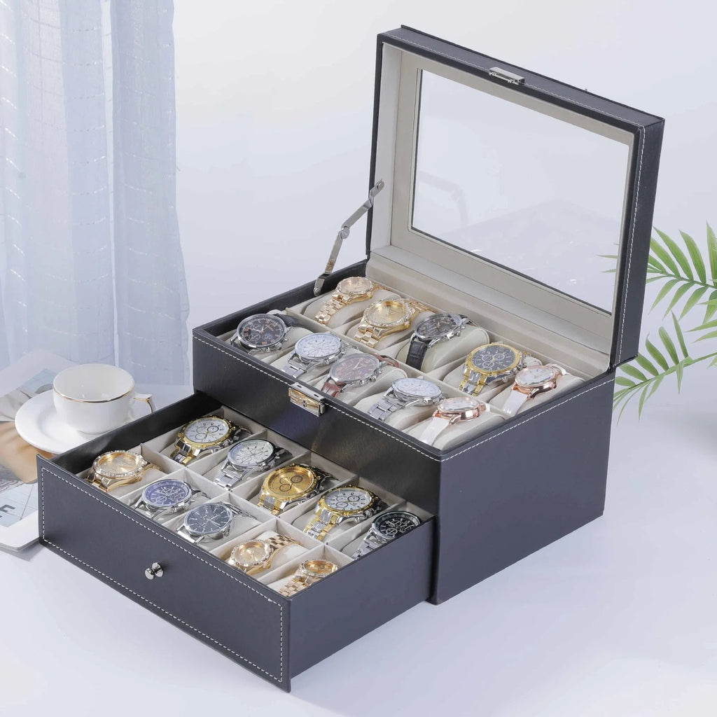 High-grade leather watch storage box in grey with dustproof see-through lid, 30x20x8cm