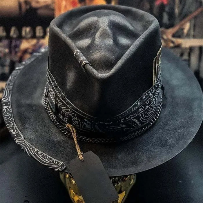 Handmade Halloween skull hat in wool felt and denim with conical crown shape