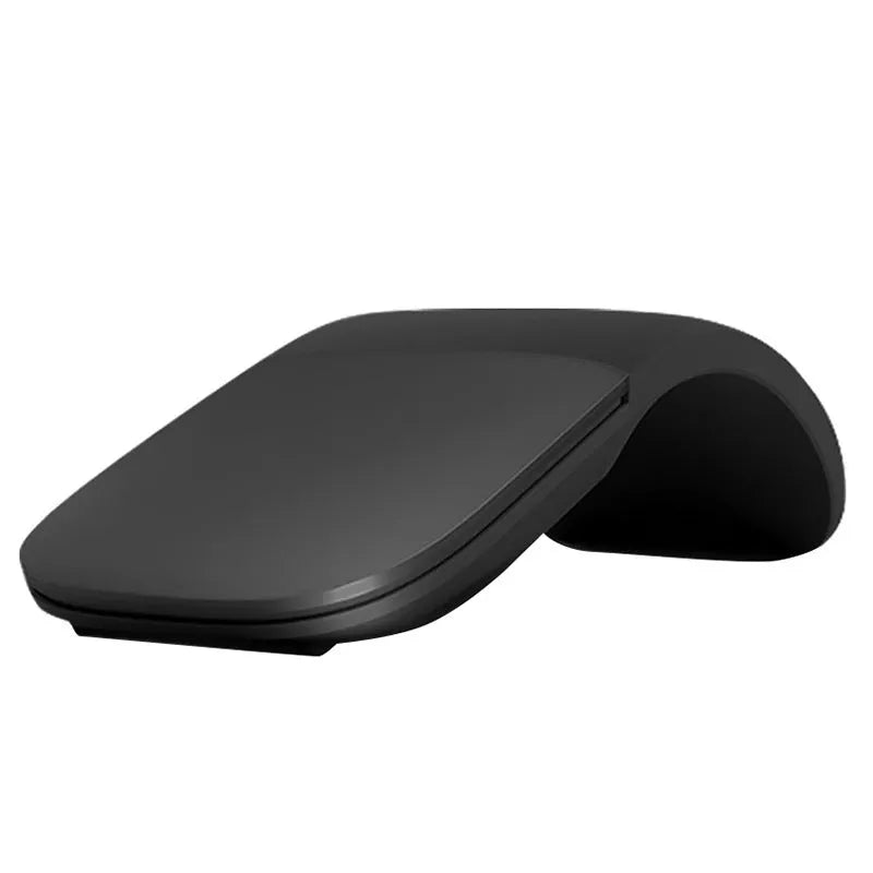 Black folding Bluetooth wireless touch mouse shown in open and closed positions next to a laptop.