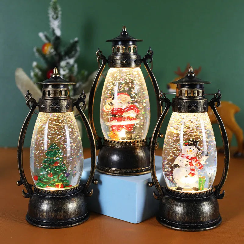 Plastic crystal ball oil lamp Christmas ornament with light-up feature in snowman and elderly figure styles