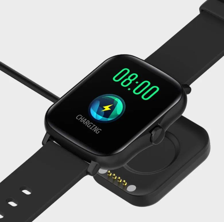 Smart watch with 1.7-inch colour touchscreen on adjustable strap, showing fitness stats interface.
