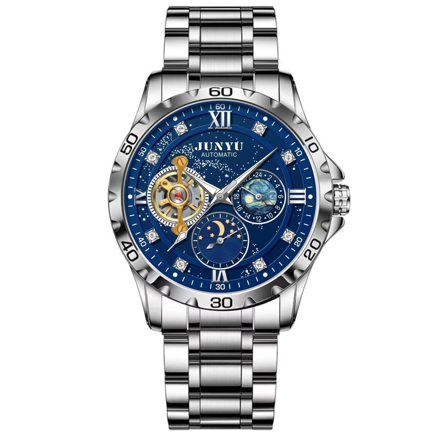 Men's automatic mechanical watch with luminous display and waterproof construction in rose gold black starry sky dial