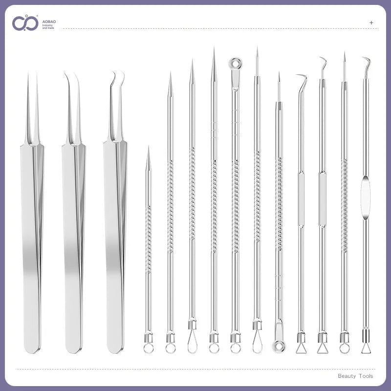 Four silver metal acne needles with fine pointed tips laid out on a surface.