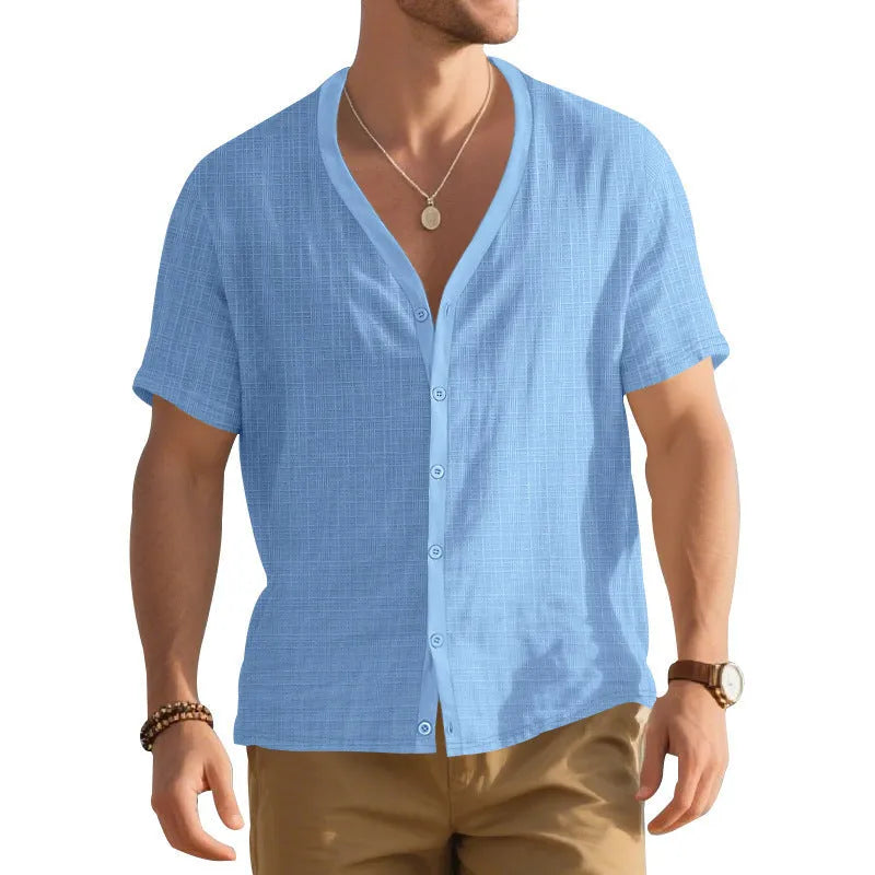 Men's imitation linen bamboo short-sleeved Henley shirt in solid colour, loose casual fit, short sleeves, summer top