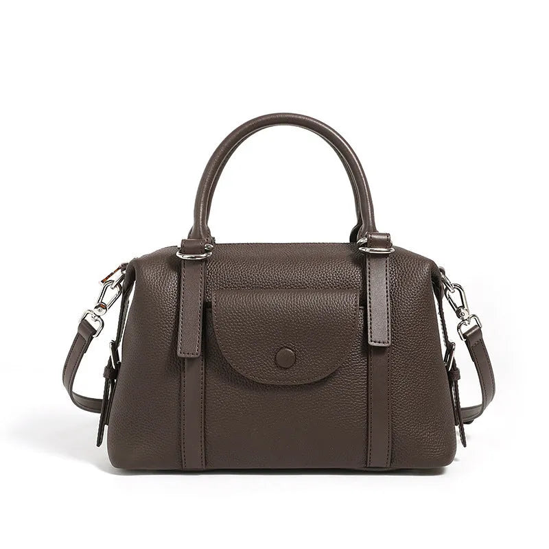 Genuine leather ladies handbag in street trend style with stitching and lock detail