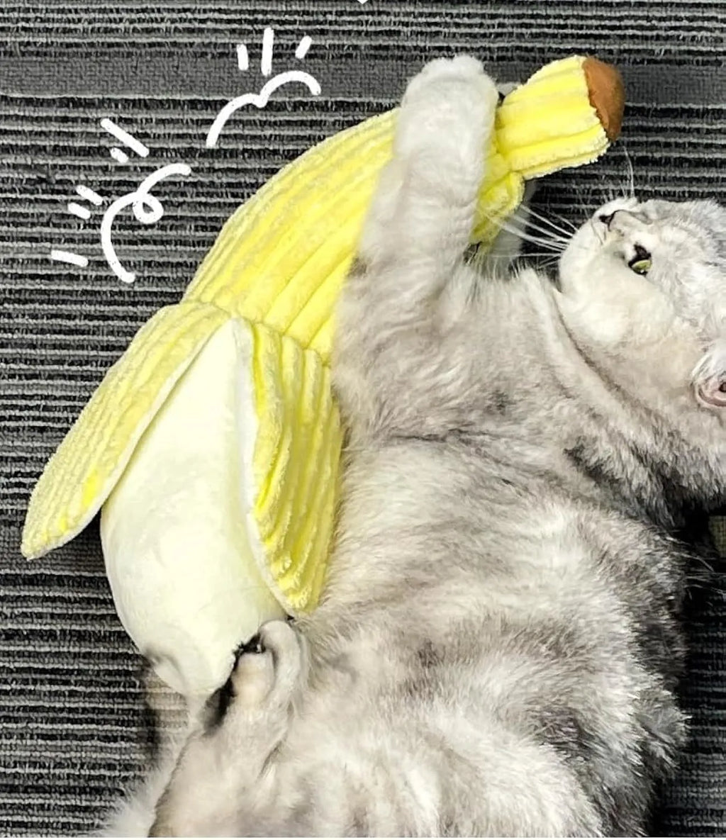 Yellow banana-shaped plush cat toy with crinkle paper and textured strip