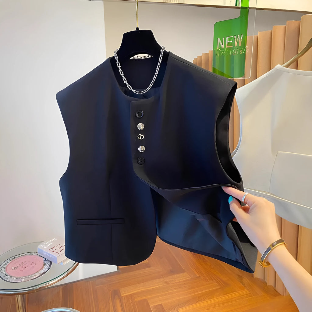 Beige loose-fitting women's waistcoat vest with a pocket, shown as a bandage dress style top.