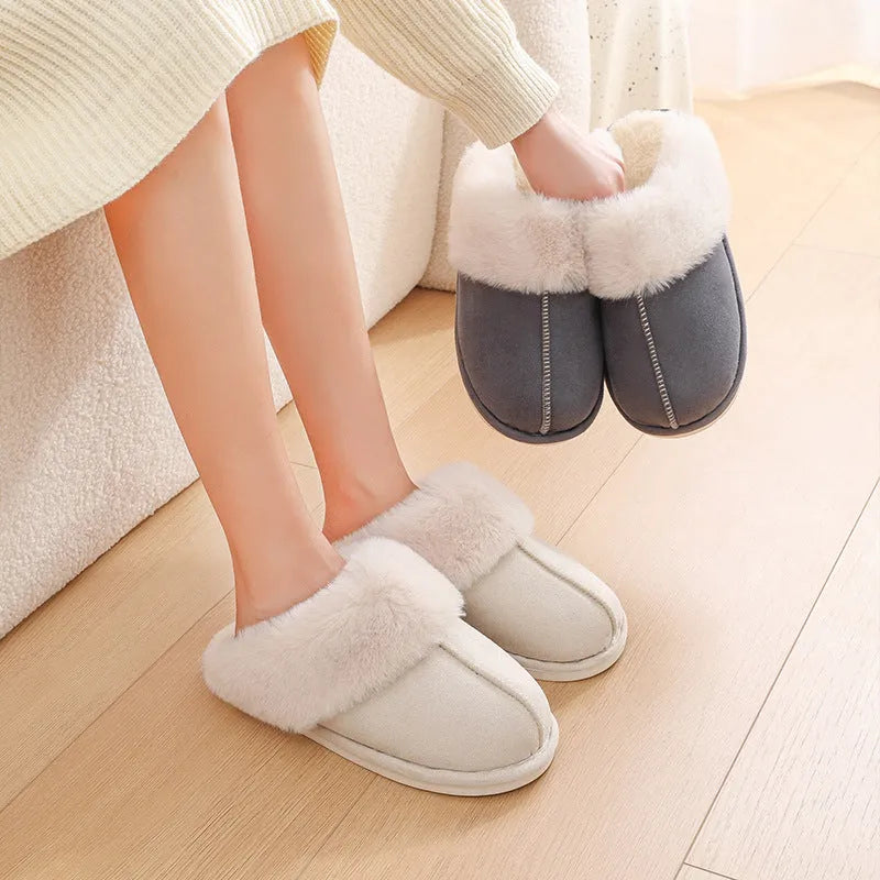 Women's plush-lined indoor winter slippers with PVC soles in five colour options