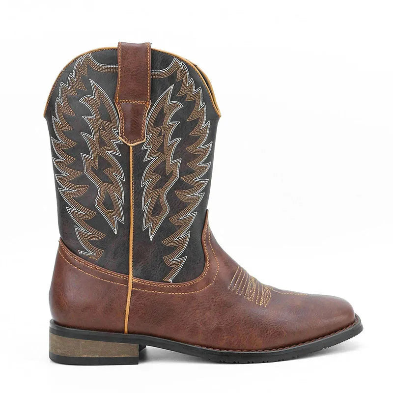Men's Western denim square toe motorcycle boots with embroidery, black artificial leather upper, rubber sole, low heel