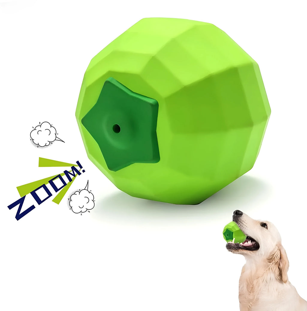 Green natural rubber squeaky dog chew ball for large dogs on a white background.