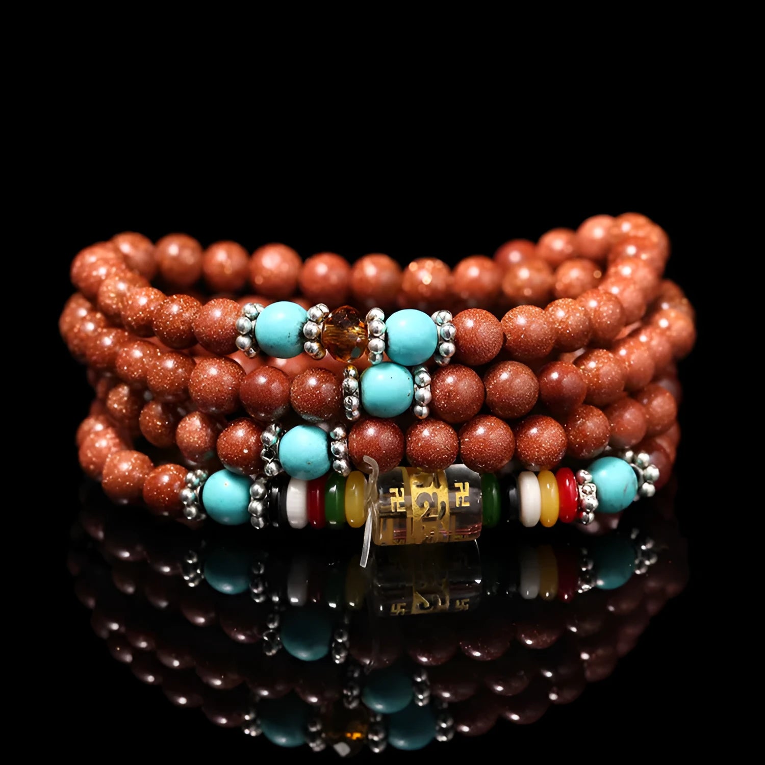 108 nugget sand six words mantra multi-circle bracelet with golden star stone and fu character