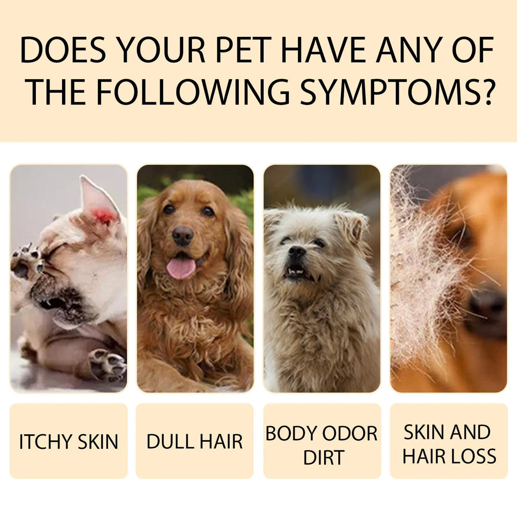 Bottle of mild dog shampoo for soft, clean hair, shown in 100ml and 300ml sizes.
