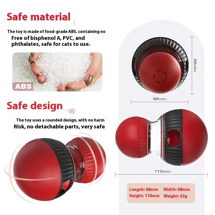 Rotating plastic cat toy with food-dropping mechanism and sound element in super ball colour