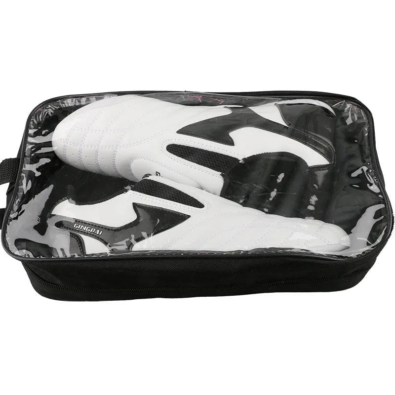 Children's black and white Taekwondo shoes with soft bottom and widened PU leather upper for training