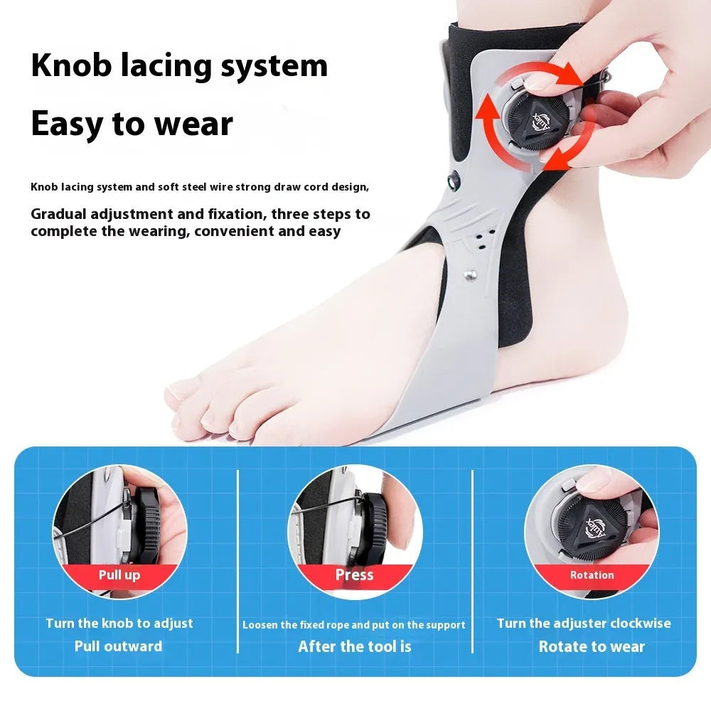 Adjustable airbag button ankle support brace shown in grey colour on left foot