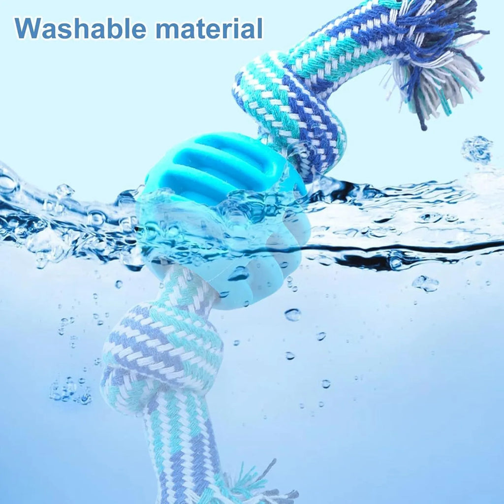 Blue dog chew toy with integrated rope strands for dental cleaning and play