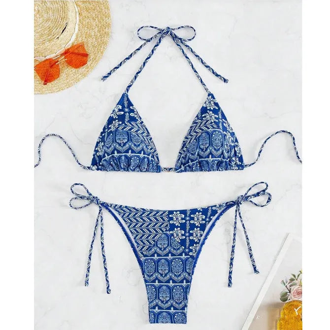 Women's split bikini swimsuit with bandage stitching in polyester fabric