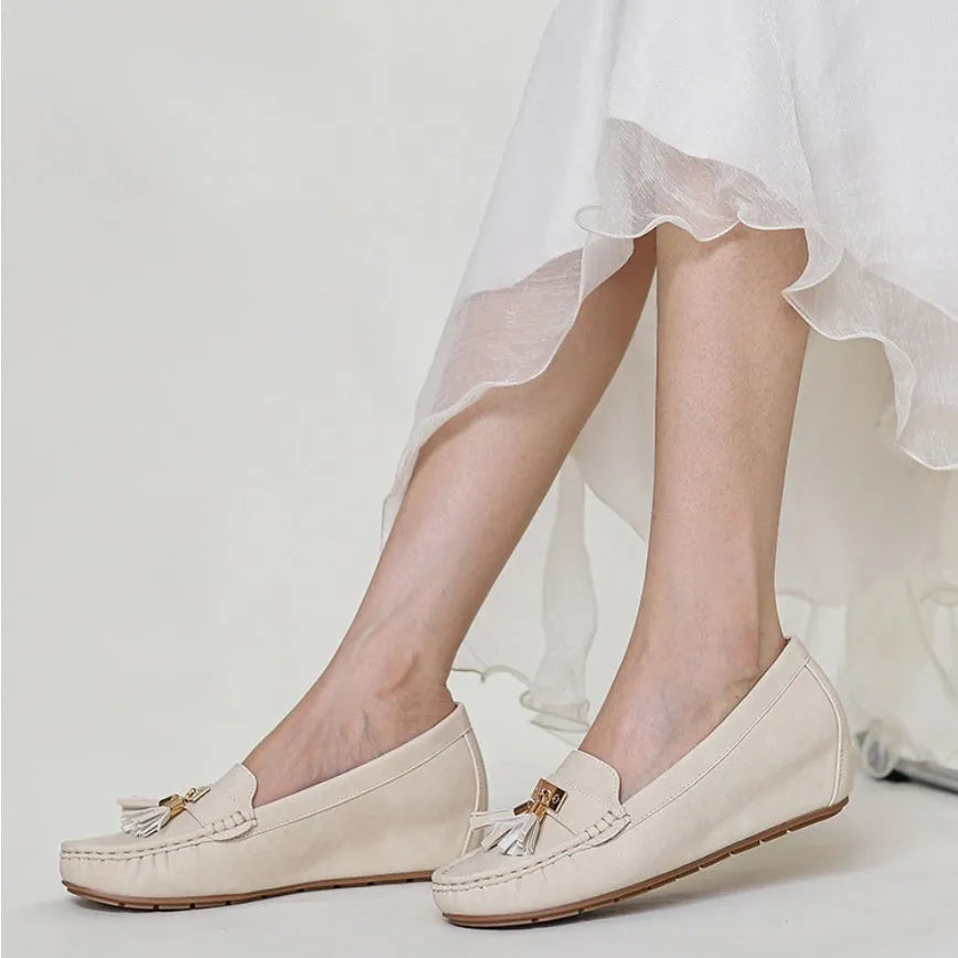 Flat heel height increasing insole nude casual work shoes for women, beige, round toe, artificial PU upper