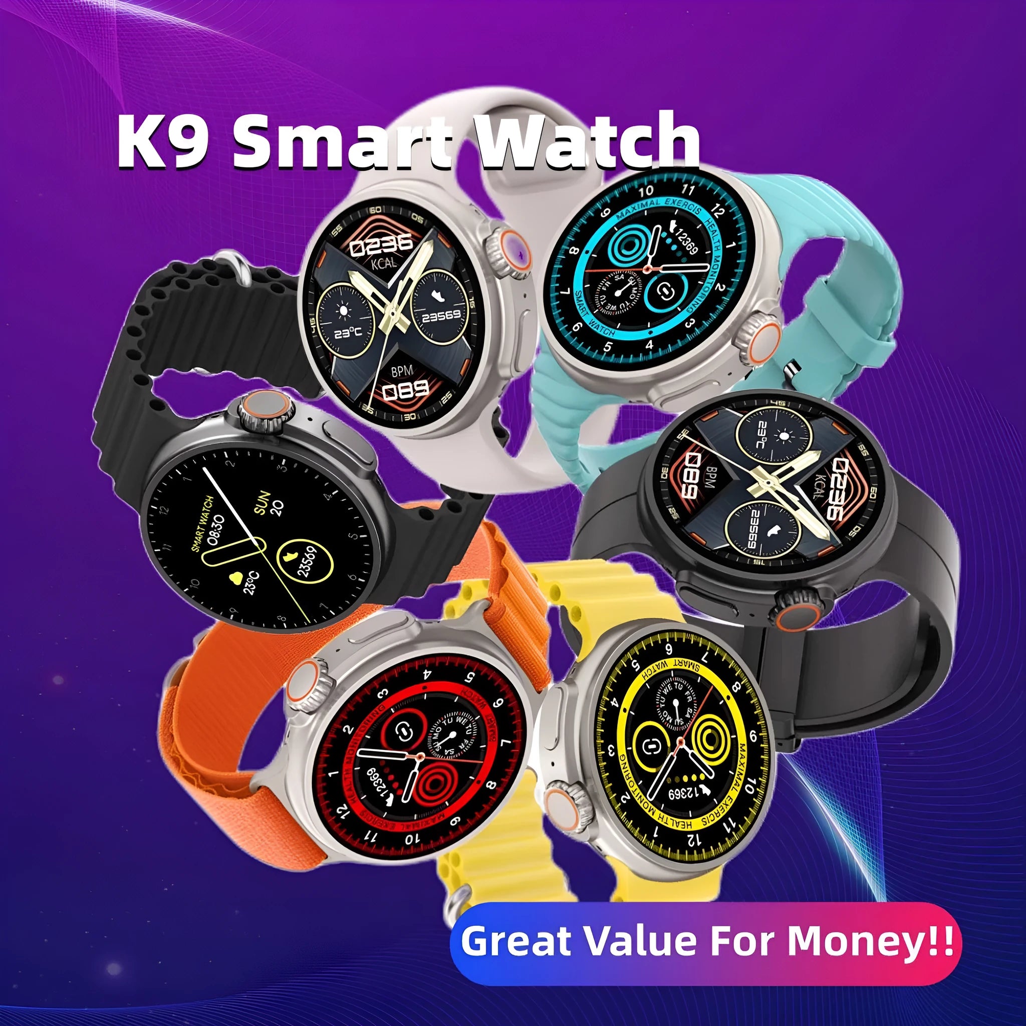 K9 smart watch with round screen on silicone strap showing fitness stats interface