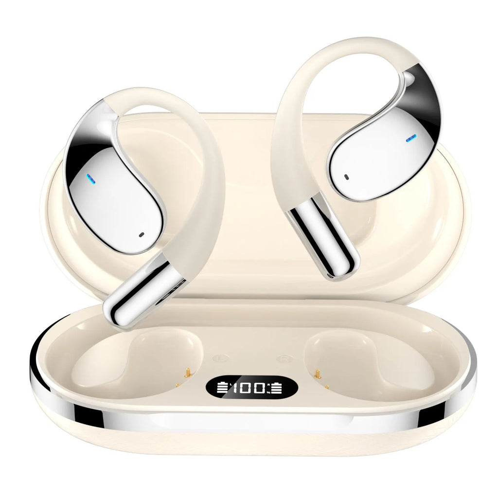 YYK-Q39 portable sports hanging ear Bluetooth earphones in beige and black with digital display and noise reduction