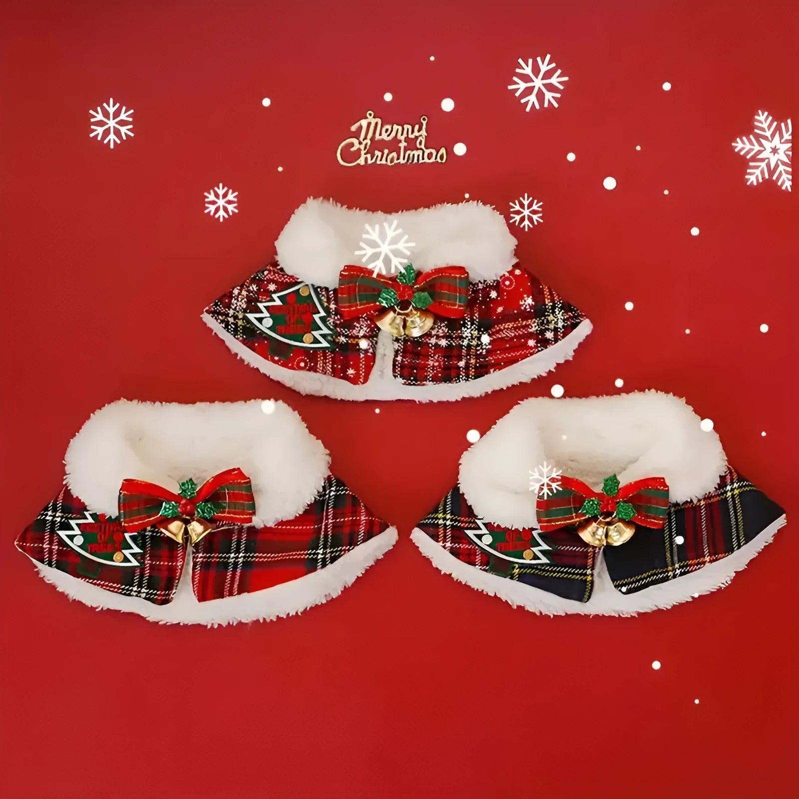 Red background pet Christmas cloak with bell design on dog, showing snowflake pattern and scarf length