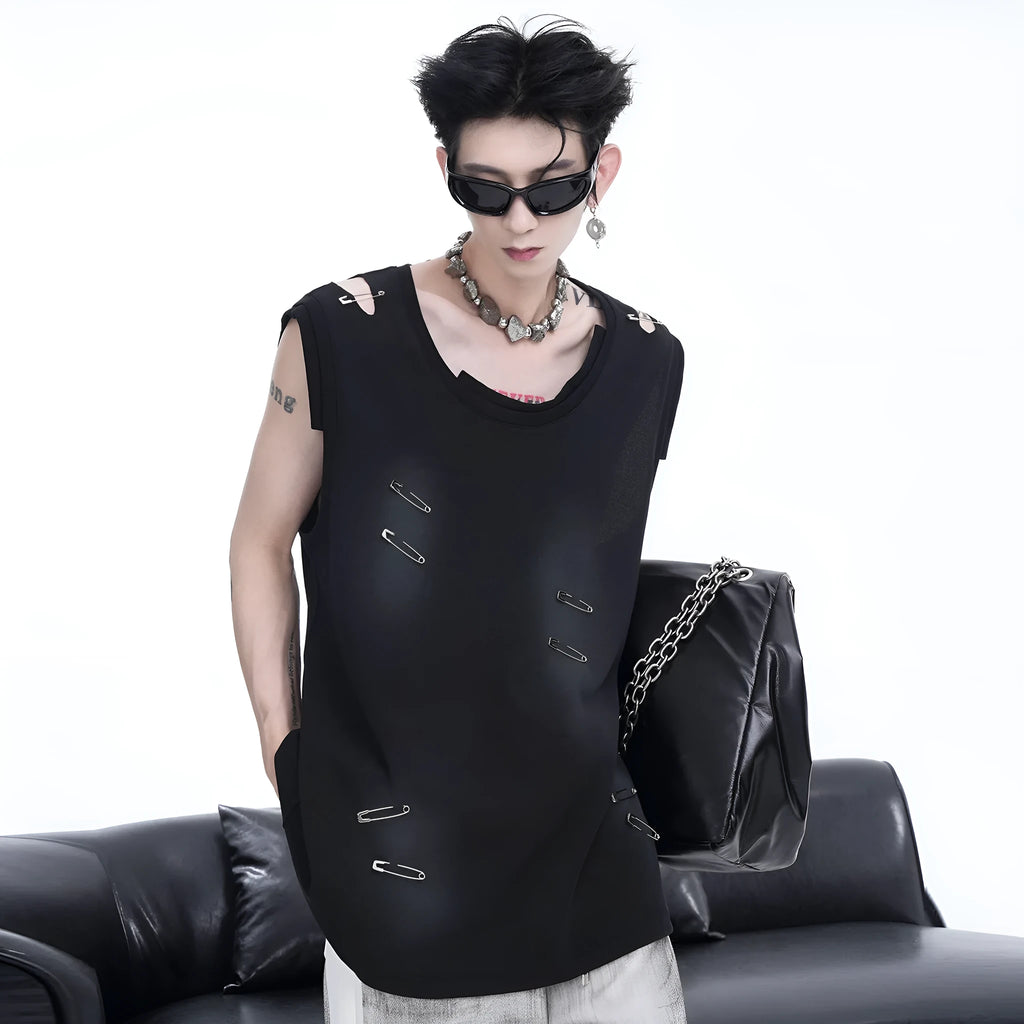 Men's black ripped vest waistcoat with irregular cutting, sleeveless design, round neck.