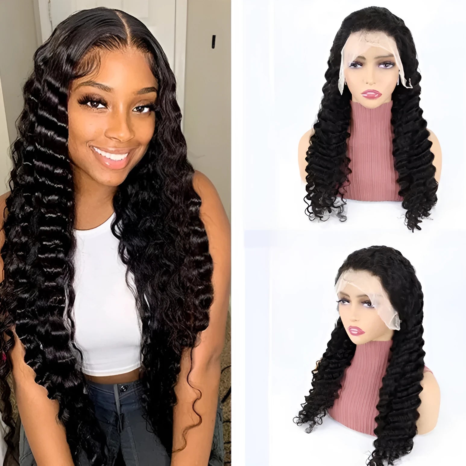 Simple solid colour hand-woven human hair half lace wig for ladies, available in lengths from 18 to 34 inches