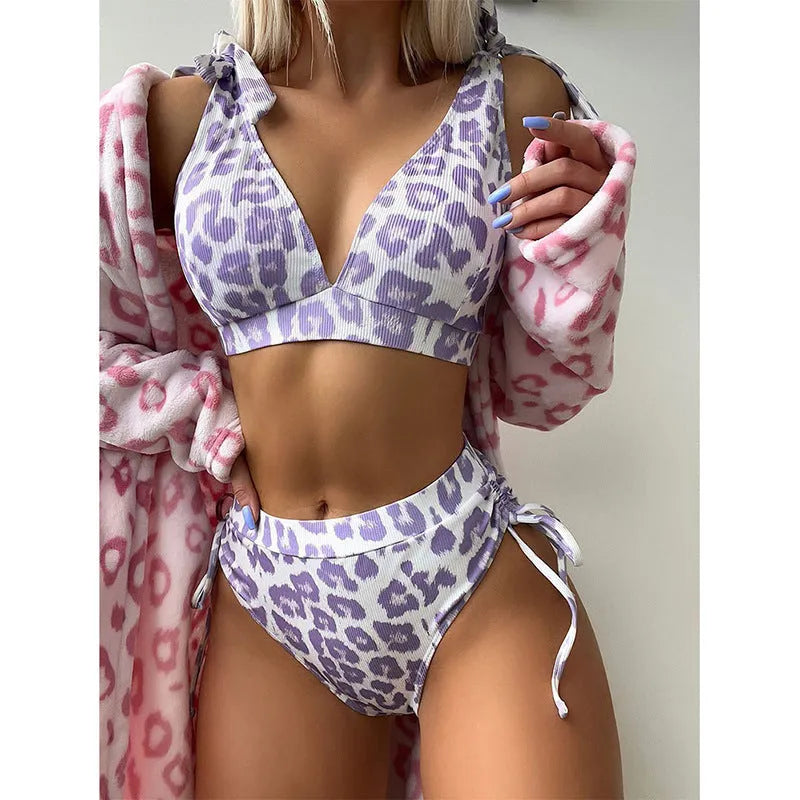 Women's printed lace-up chest cover high waist suit set with sleeveless top and shorts in purple leopard print on white background