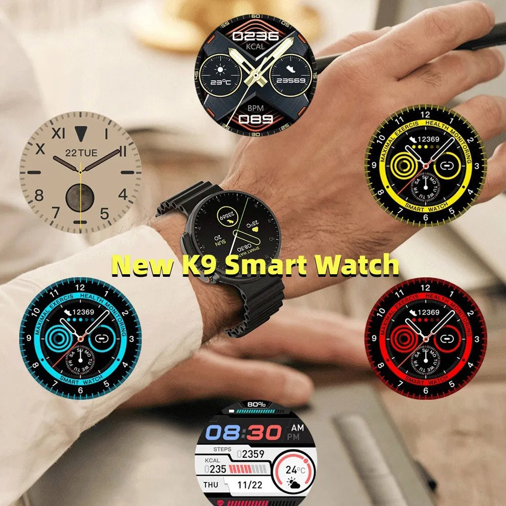 K9 smart watch with round screen on silicone strap showing fitness stats interface