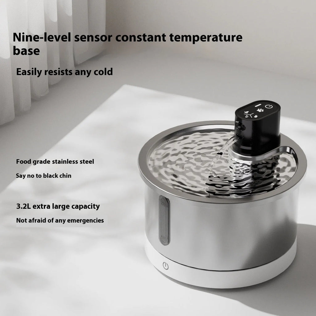 Stainless steel heated pet water fountain for cats and dogs in black or white