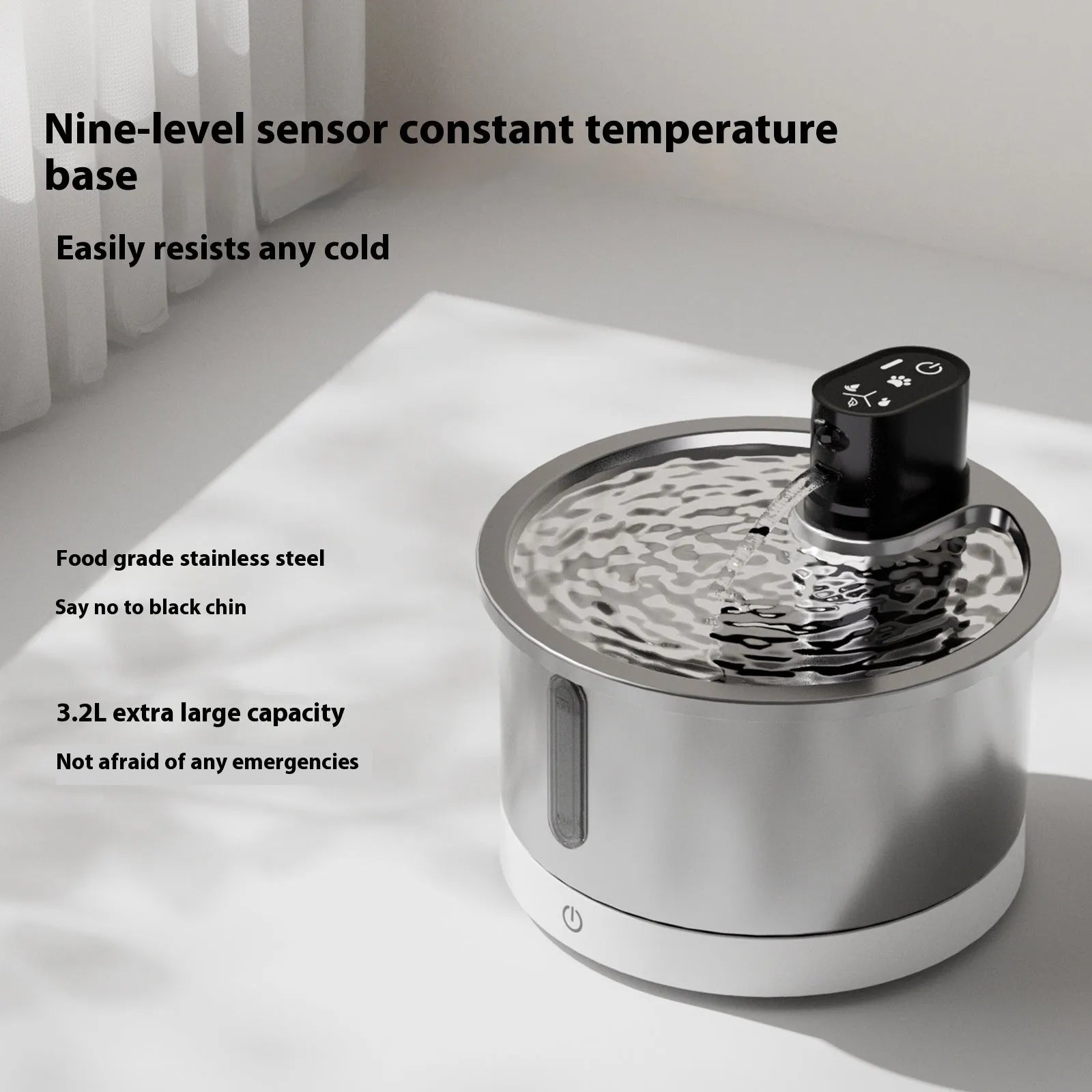 Stainless steel heated pet water fountain for cats and dogs in black or white