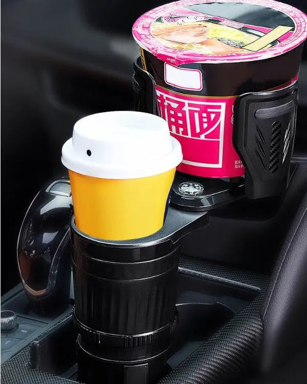 Adjustable car cup holder with retractable base in carbon fibre black finish