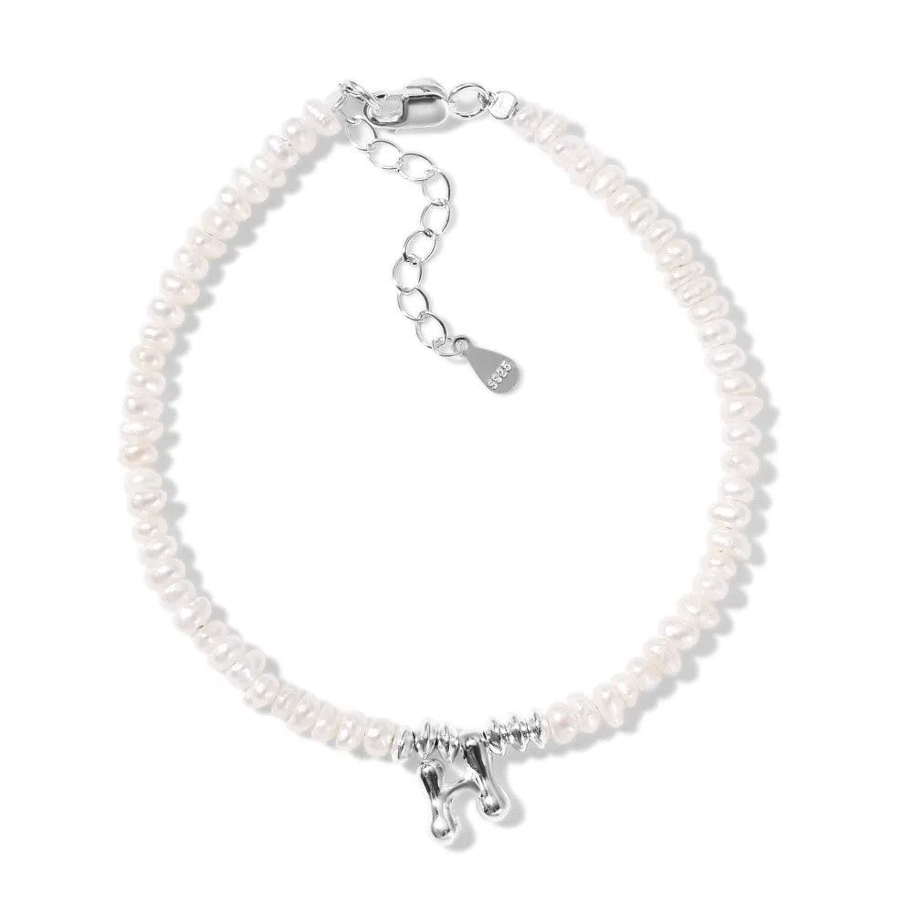 Natural freshwater pearl bracelet with 925 silver chain and electroplated letter charm