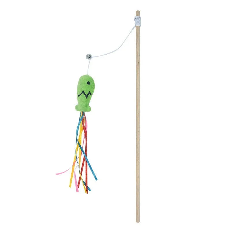 Cat wand toy with colourful ribbons, catnip fish and bell on 40cm wooden handle