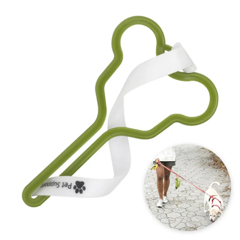 Hands-free dog poop bag holder with adjustable Velcro strap attached to a dog lead