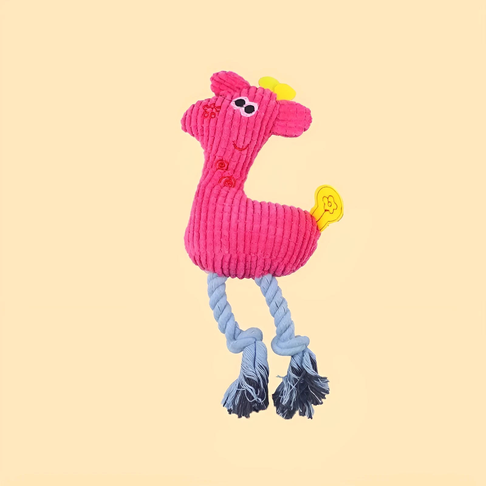 Deer-shaped plush pet toy with corn grain texture in blue, pink, and yellow colour options