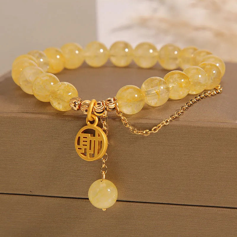 Natural stone citrine bracelet with Chinese character tassel design, electroplated finish