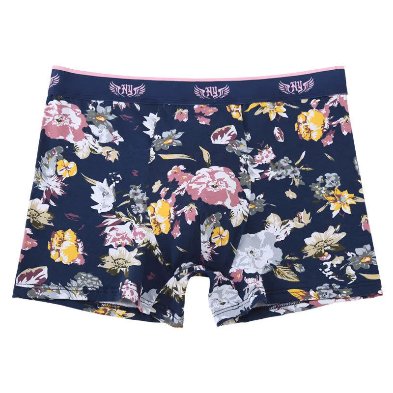Men's floral print cotton boxer briefs with a U-shape design, shown in extended sizes.