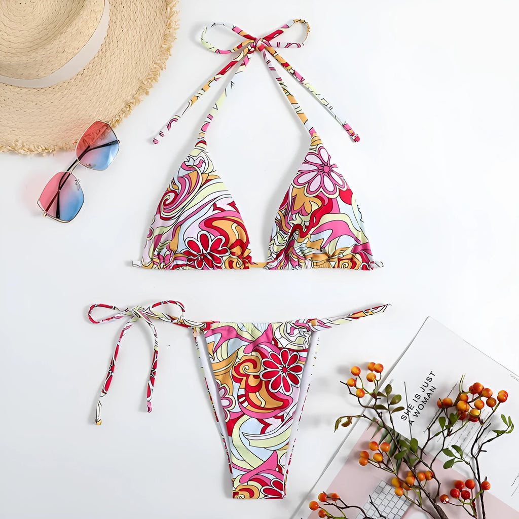Triangle Printed Bikini for Women with Separate System and Hanging Neck Swimsuit, Polyester Fabric, Available in S M L, Multicolor Pattern for Beach and Pool Wear