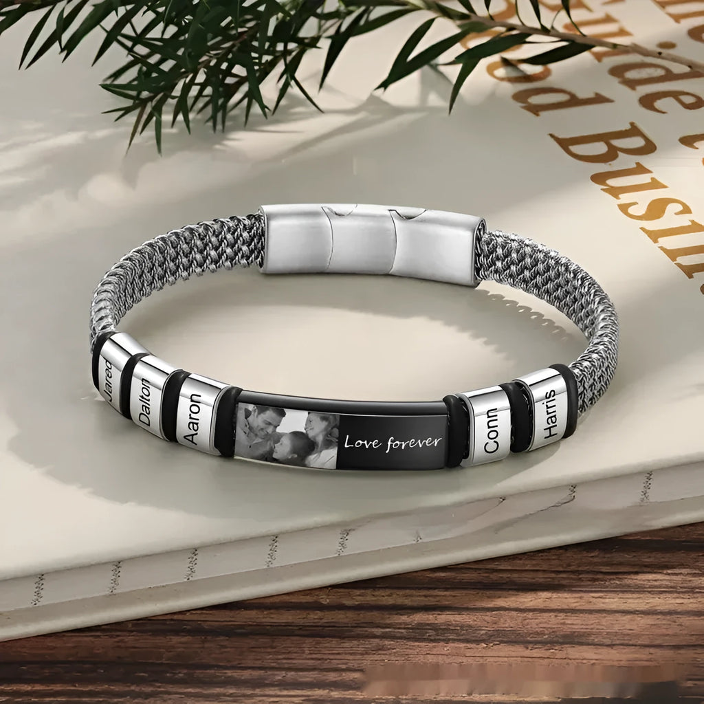 Titanium steel and leather rope bracelet with lettering beads and heart shape design