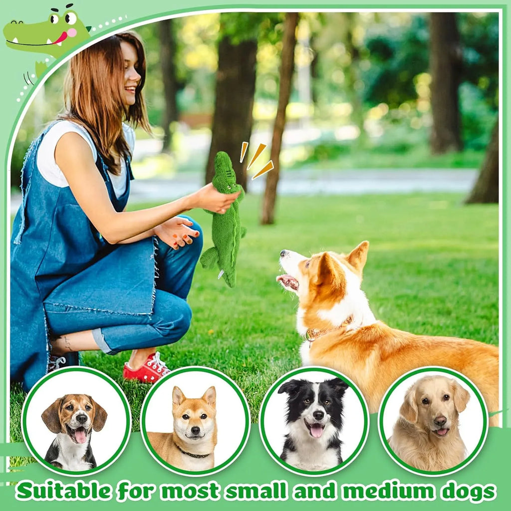 Green plush crocodile dog toy with no-stuffing construction and squeaker features