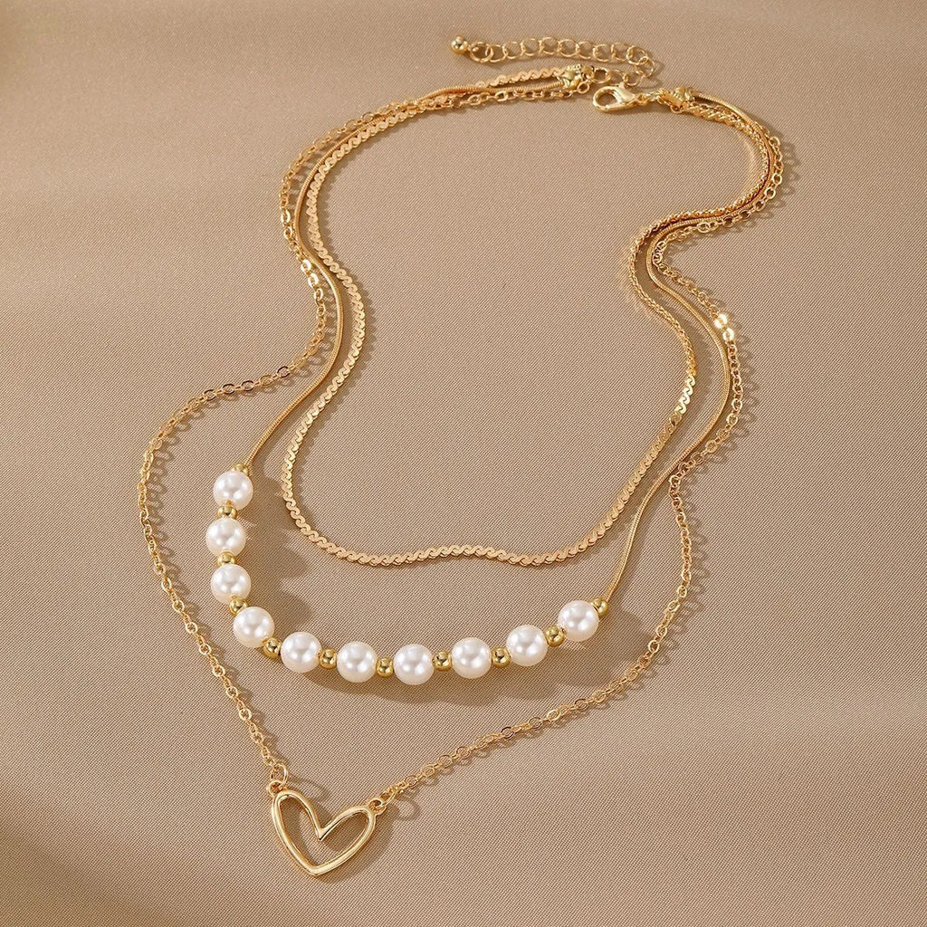 Vintage love heart pearl gold necklace with double-style design and adjustable chain