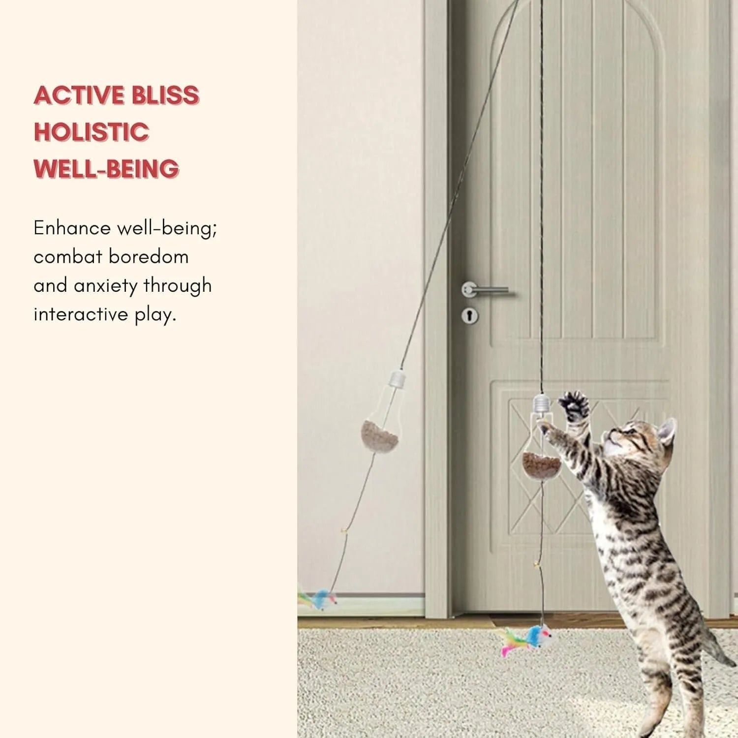Creative interactive cat toy hanging on door frame with gray and yellow colour options, elastic rope, and treat dispensing bulb